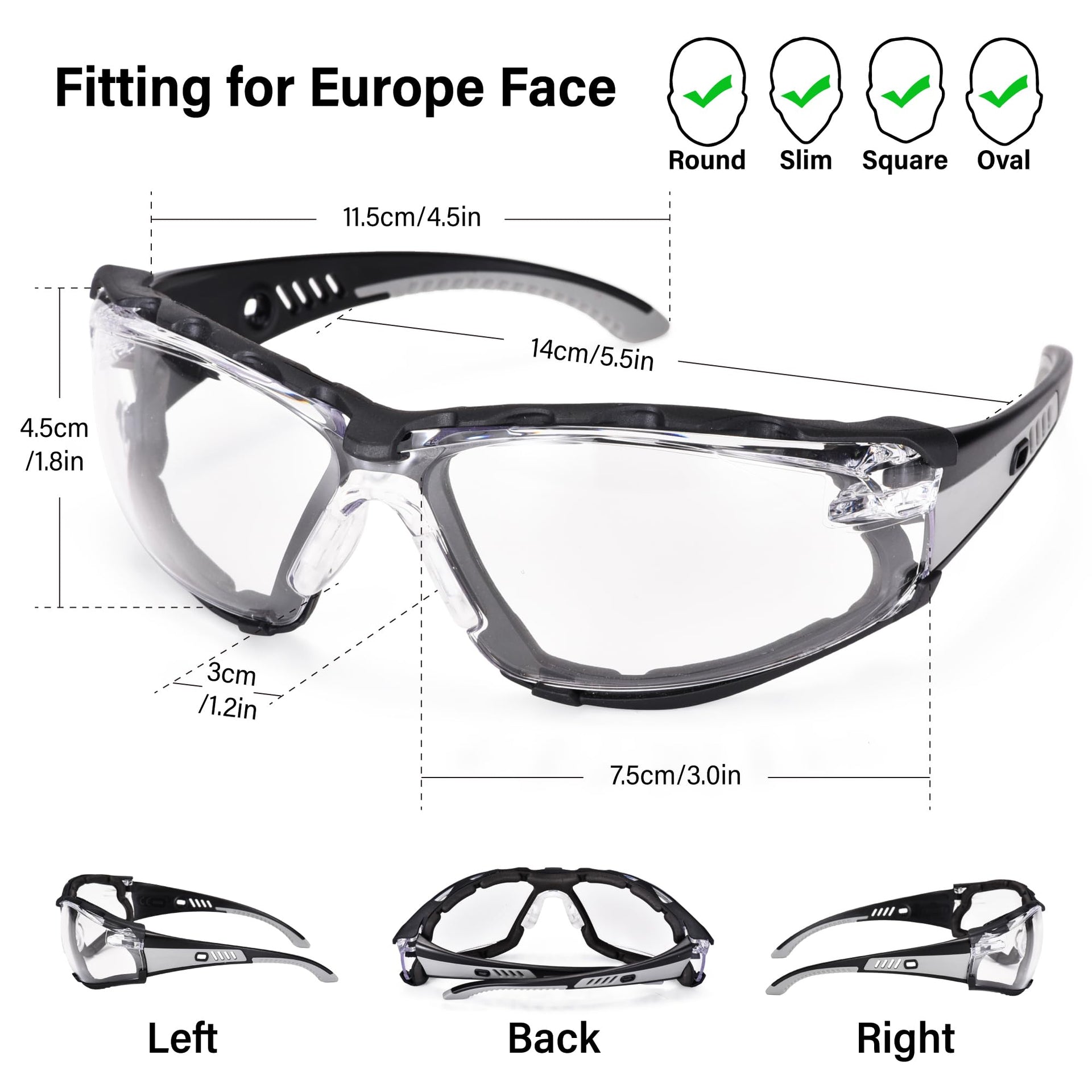 Safety Glasses Anti Fog Scratch Resistant ANSI Z87.1 CE Protective Eyewear with Foam Gasket Adjustable Strap