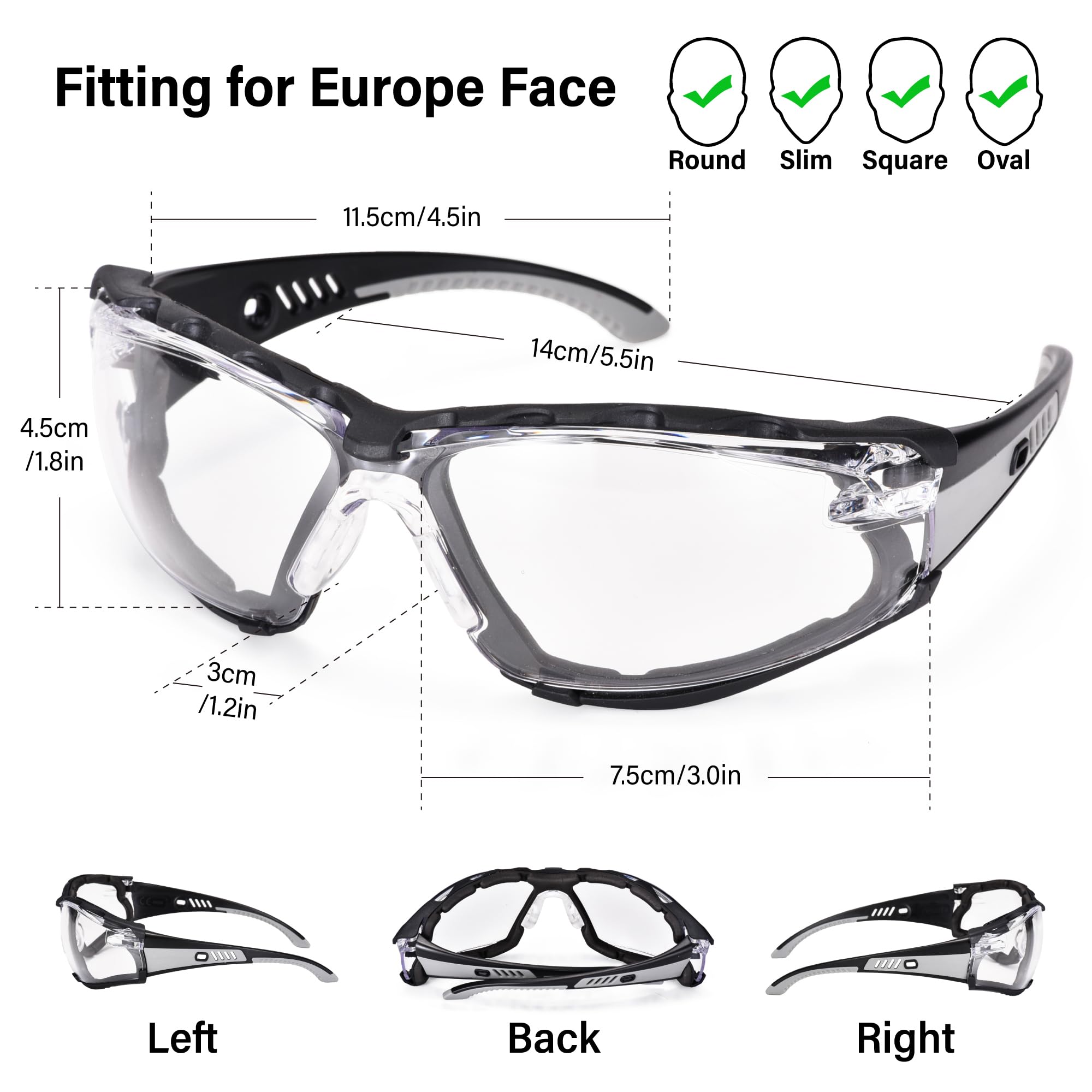 Safety Glasses Anti Fog Scratch Resistant ANSI Z87.1 CE Protective Eyewear with Foam Gasket Adjustable Strap