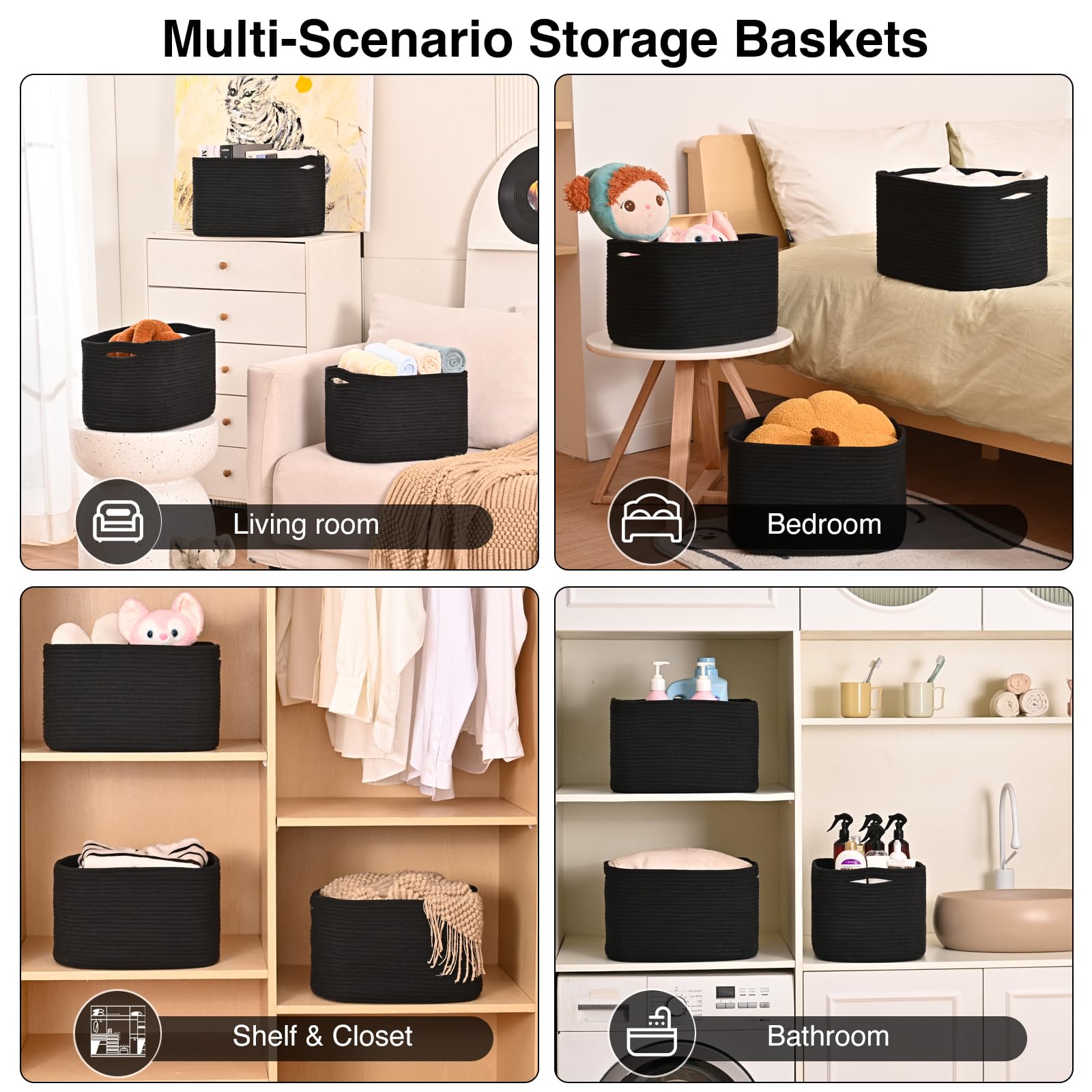 Black Storage Baskets for Organizing Shelves (3 Count)