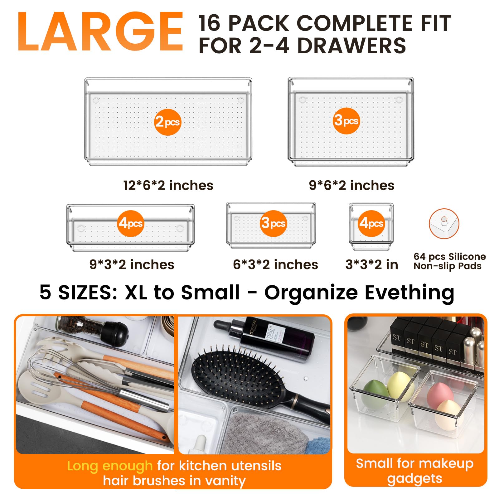 16 Pack Large Clear Plastic Drawer Organizer Bins (16 Count)