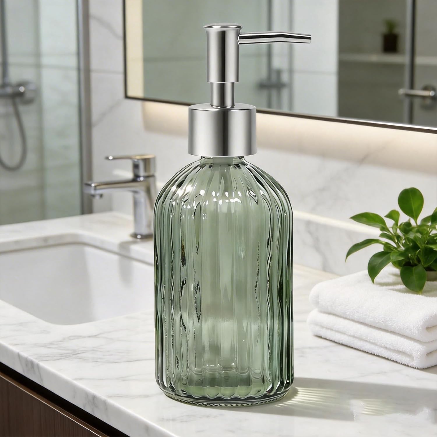 14 Oz Green Glass Soap Dispenser with Silver Plastic Pump