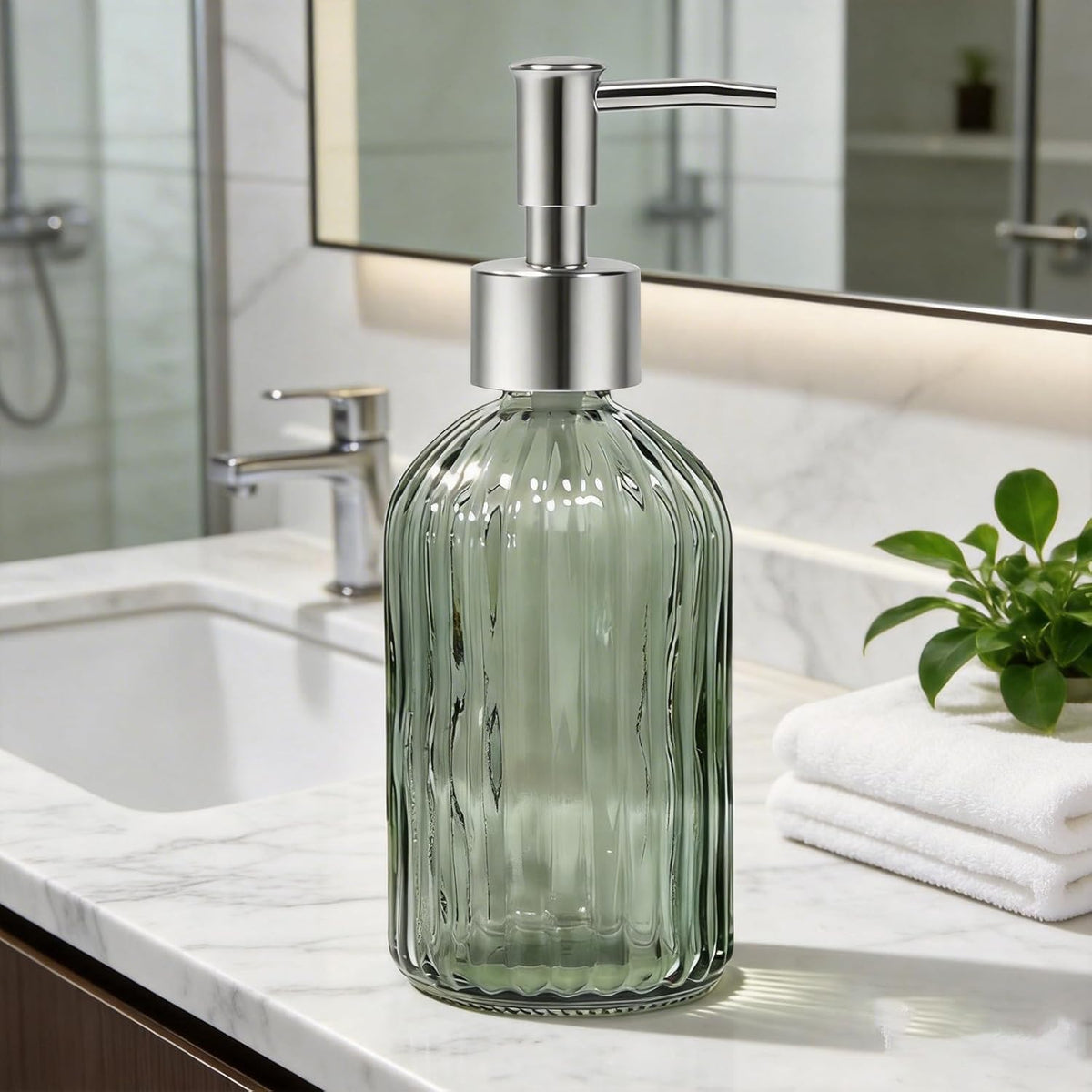 14 Oz Green Glass Soap Dispenser with Silver Plastic Pump