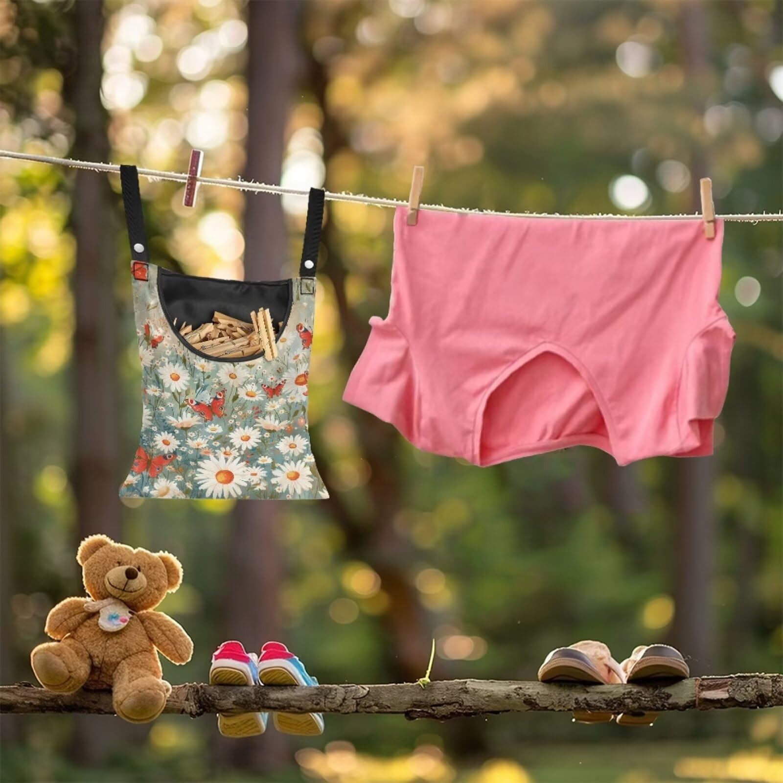 Daisy Clothespin Bag Butterfly Laundry Hanging Storage Organizer Clothes Pin Hanging Bags with Rope Clothespin Holder with an Space