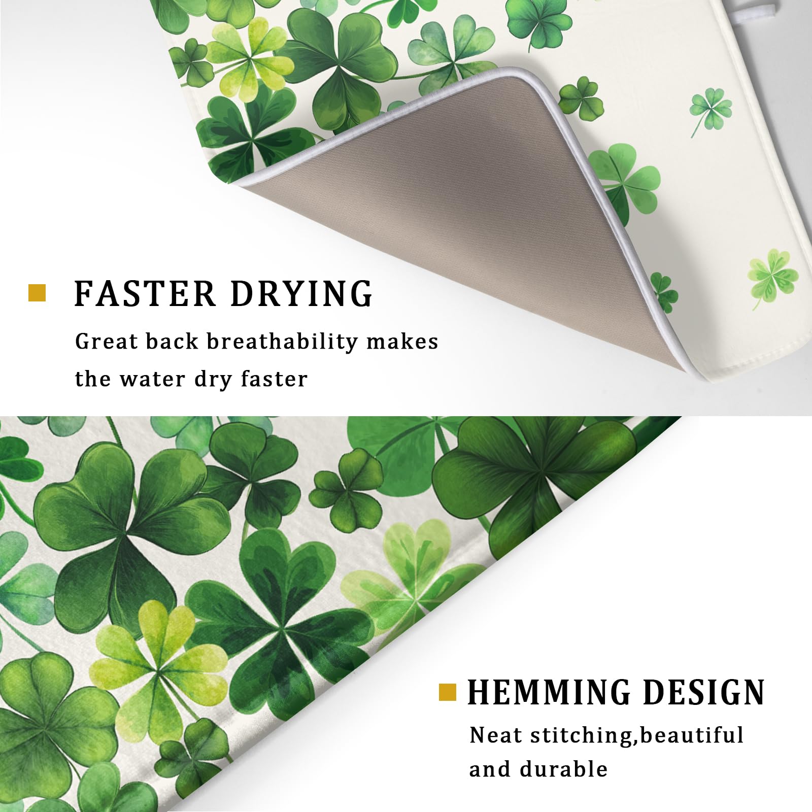 Happy St. Patrick's Day Dish Drying Mat for Kitchen Green Kitchen Dish Drying Mat for Dishes Spring Lucky Clover Shamrock Drying Mats 18x24 Inch Absorbent Reversible Dish Pad for Countertop Coffee Bar