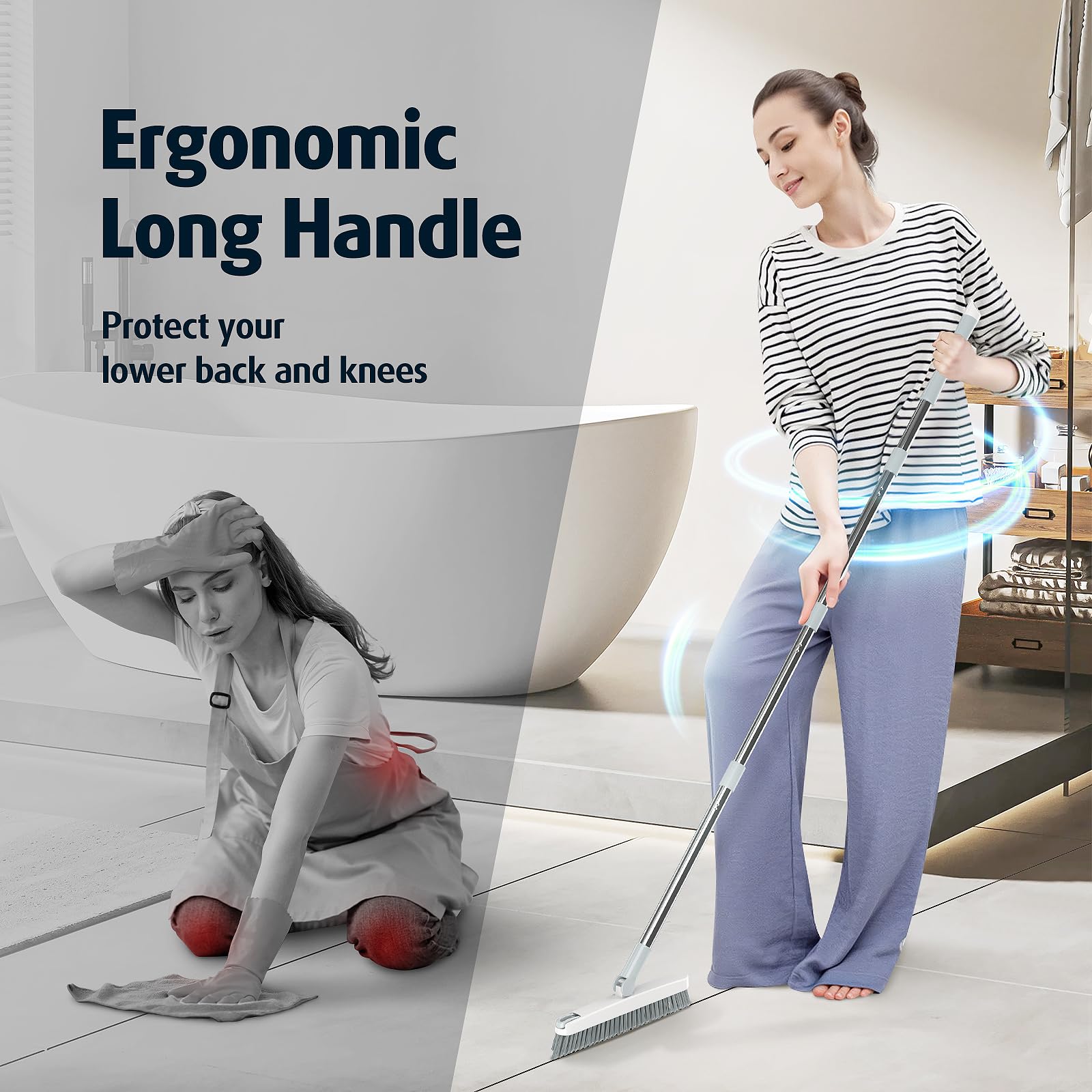 Grout Brush with Long Handle 180° Swivel Scrub Brush White