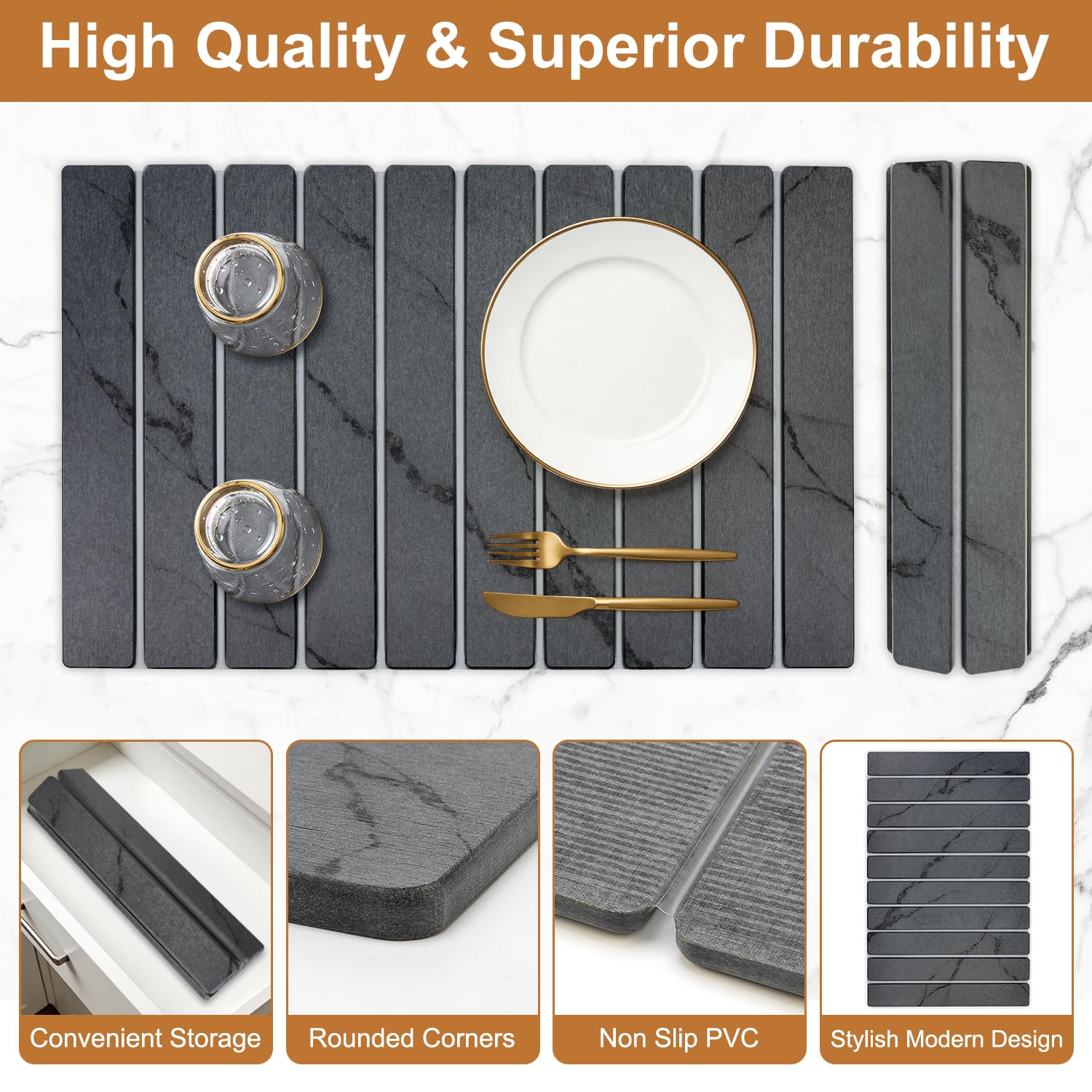3 Large Stone Drying Mat for Kitchen Counter Black Quick Dry Stone Dish Mat (3 Count)