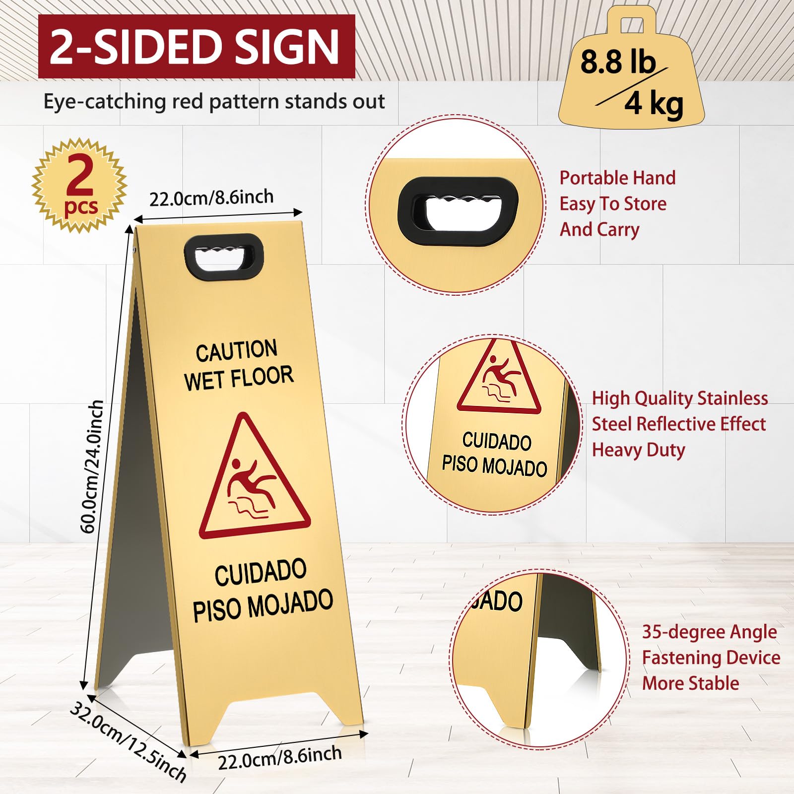 2 Pcs 24 Inch Stainless Steel Wet Floor Sign (2 Count)