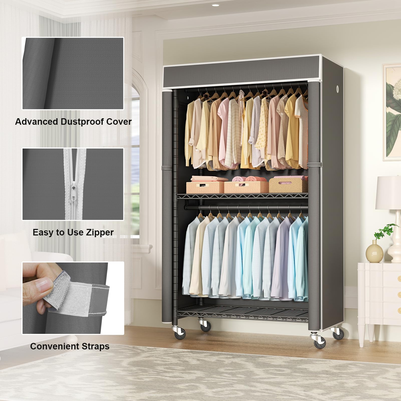 Black Clothing Rack with Dark Gray Cover