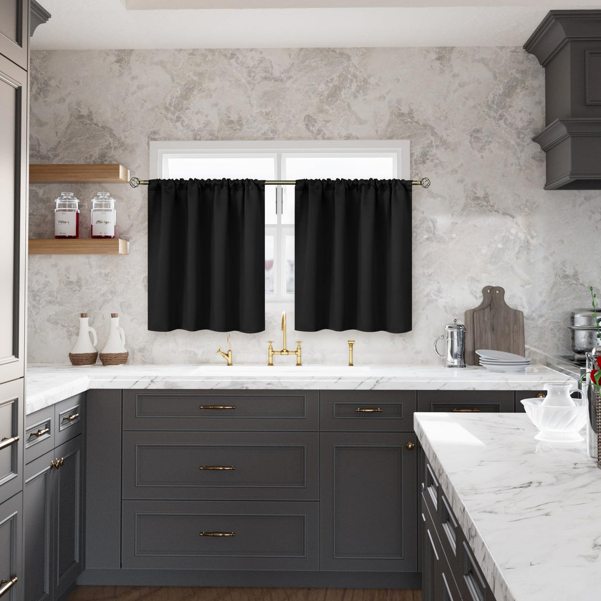 Black Blackout Curtains 36 Inches Length for Kitchen Window (2 Count)