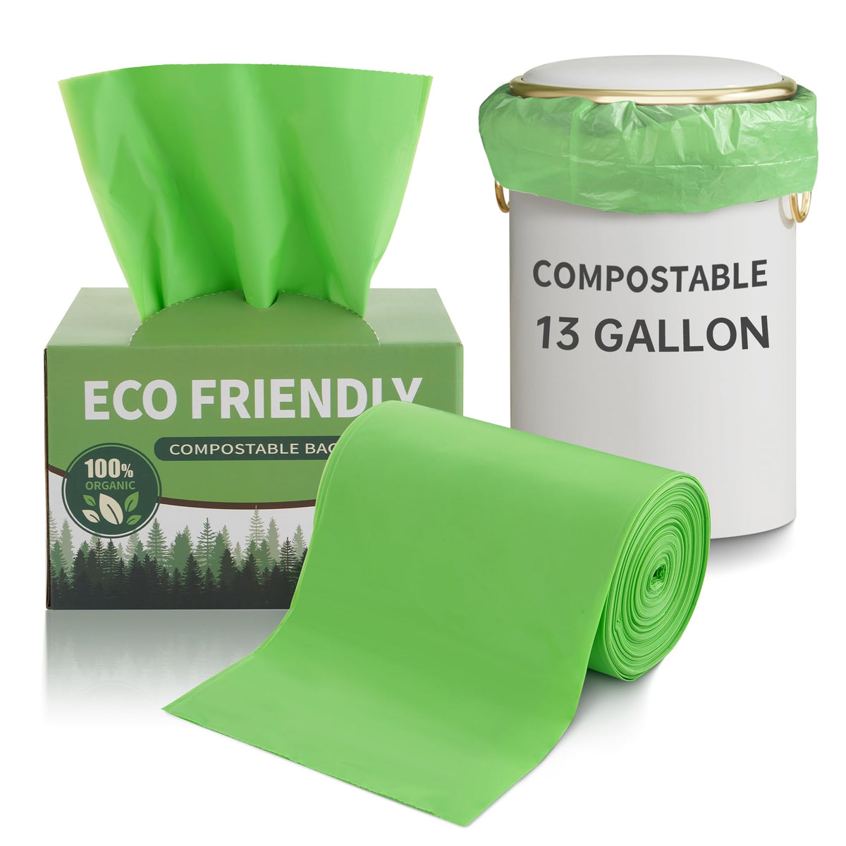 13 Gallon Trash Bags Compostable Compost Large Garbage Bag Extra Thick 1.1 Mil for Kitchen Bathroom BPI Certified 35 Counts