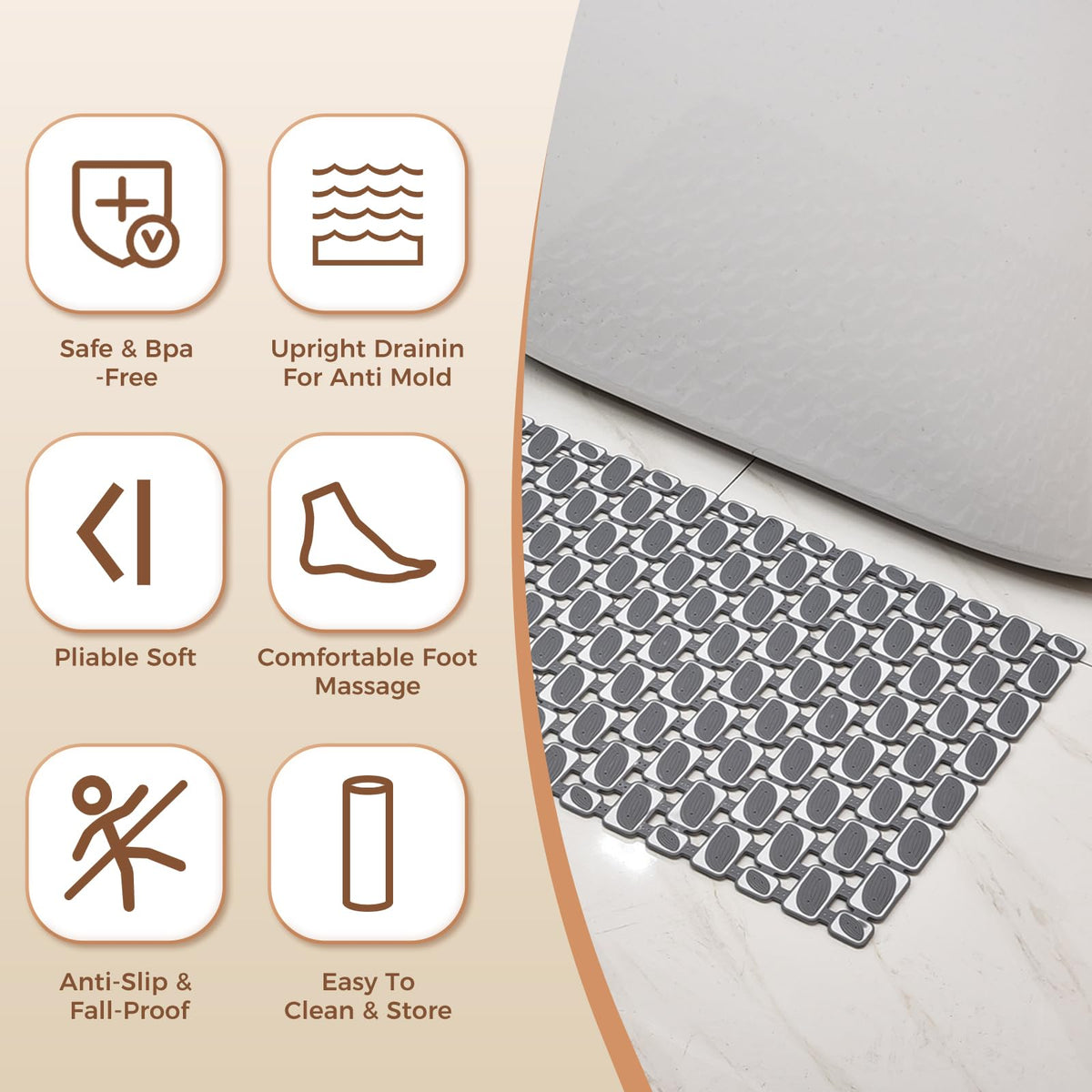 Bathtub Mat Non Slip for Bathroom with Suction Cups and Drain Holes 35.4 * 15.7 Grey Shower Mat for Inside Shower