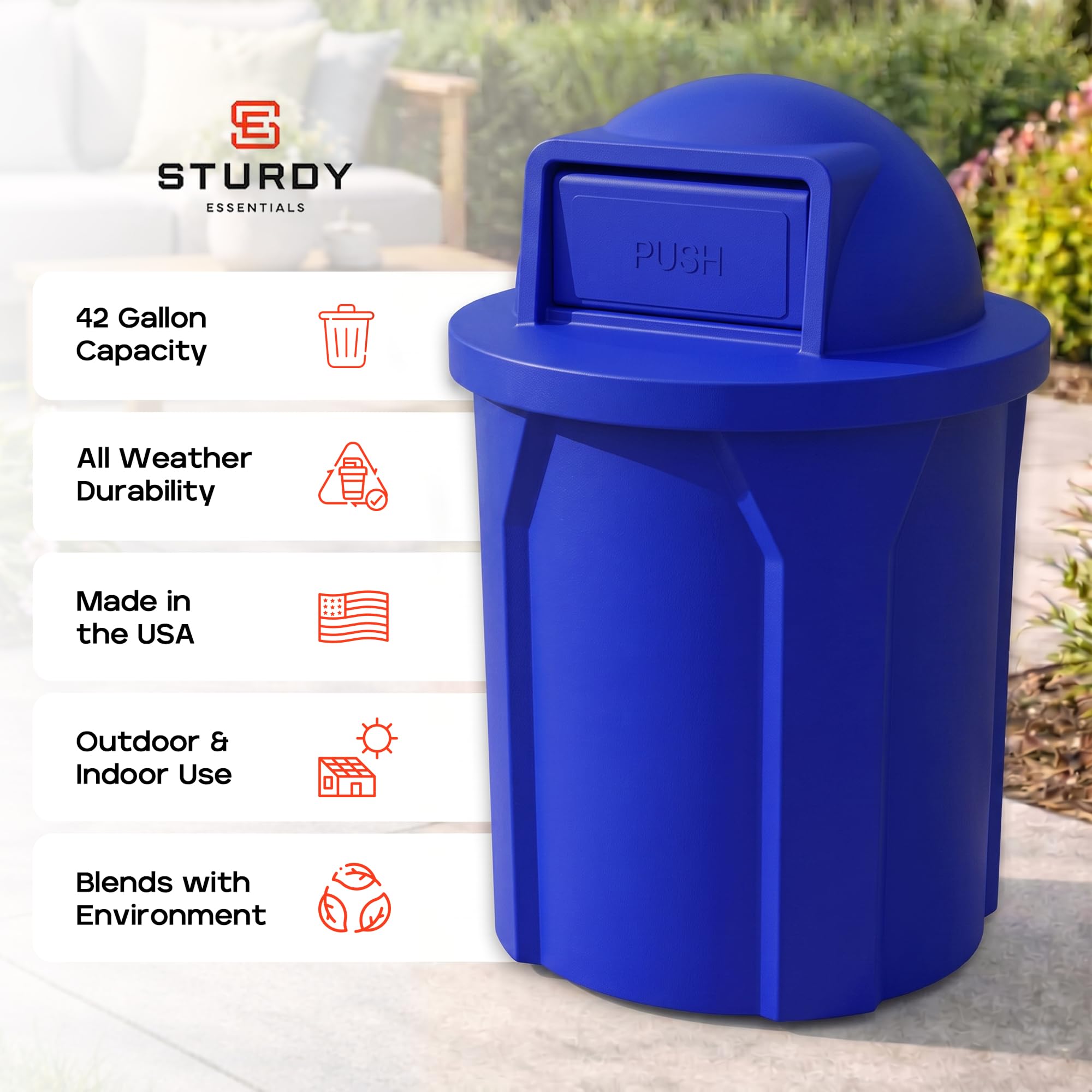 Campus Collection 42 Gallon Plastic Commercial Garbage Can with Push Lid
