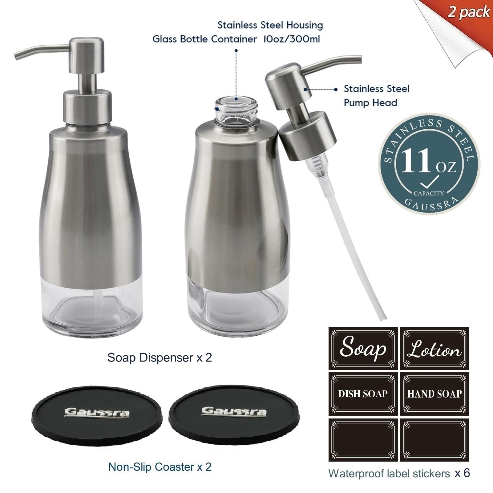 2 Pack Soap Dispenser with Coaster and Stickers (2 Count)