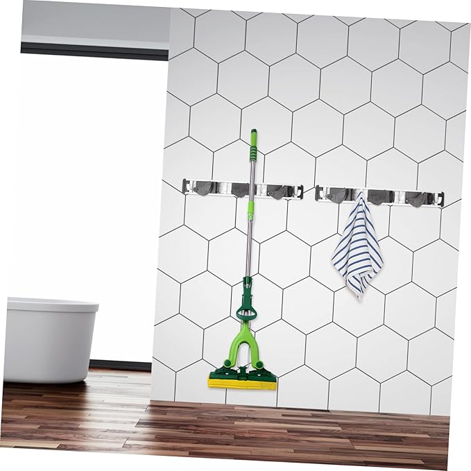 Punch Mop Hanger Space Aluminum Wall Mount Organizer for Brooms Mops Sundries Easy Installation for Home Kitchen Garage and Garden Storage