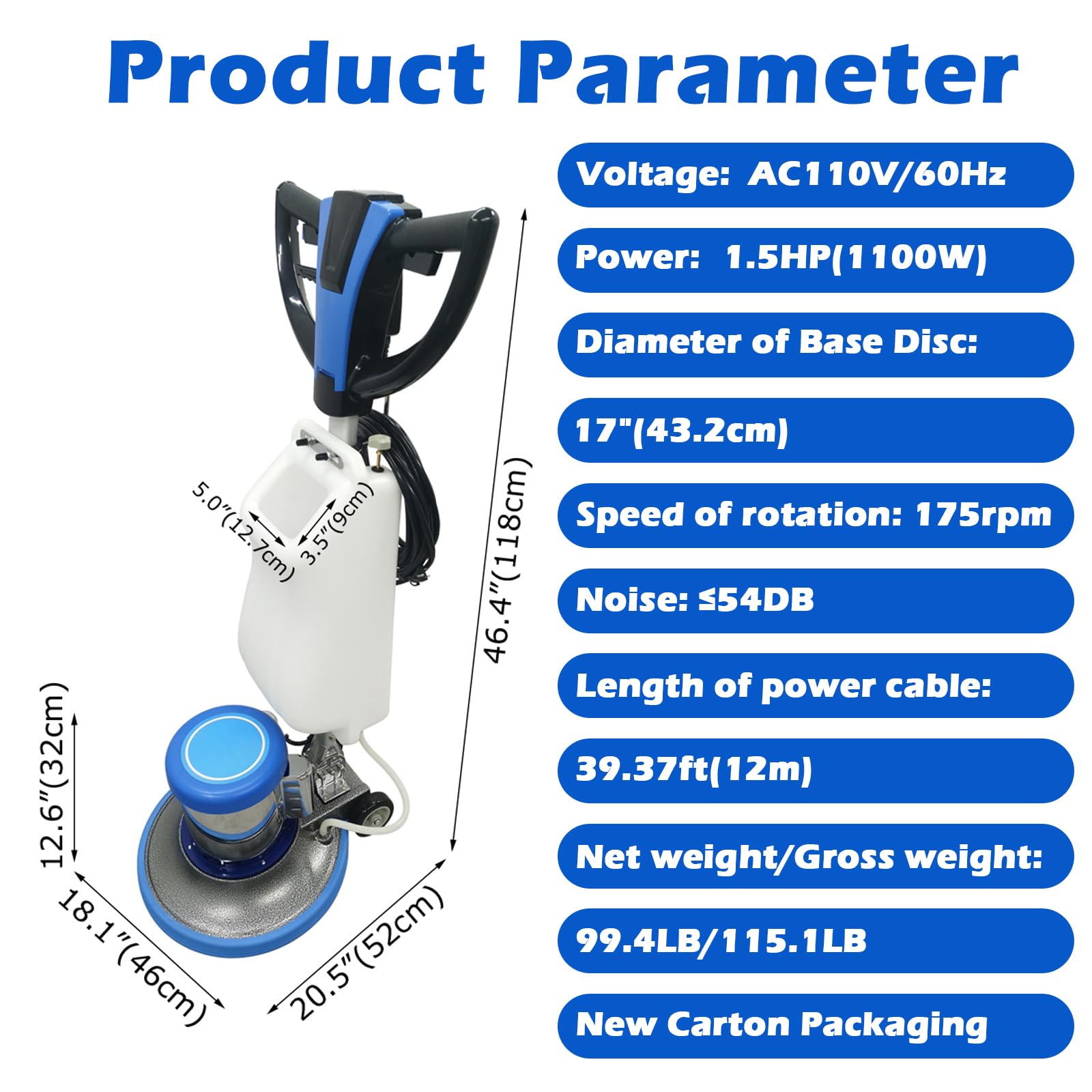 Floor Polisher Commercial Floor Buffer Scrubber Buffer Polisher Machine 17" Carpet Cleaning Machine Industrial Orbiter Floor Cleaning 175RPM with 3gal Tank and 3 Brush heads