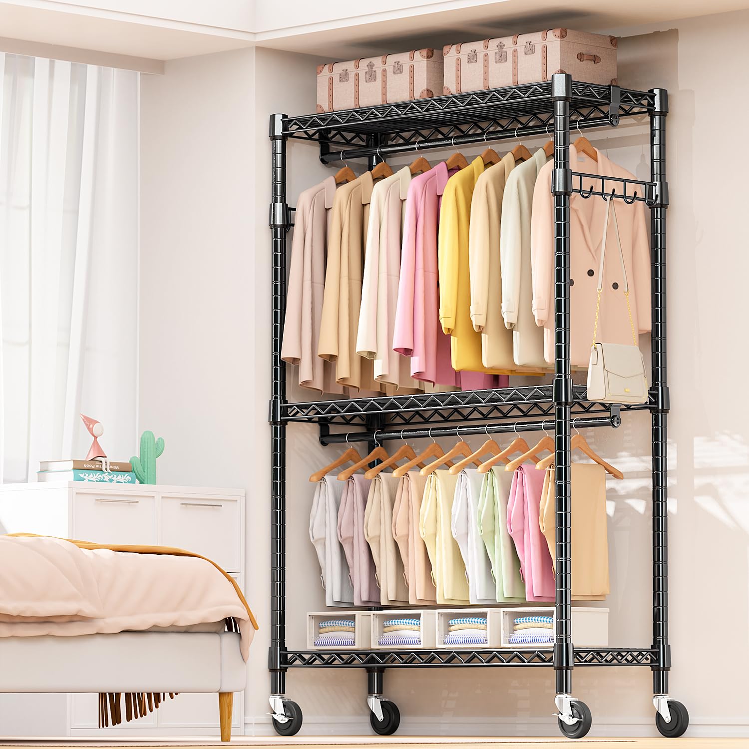 Heavy Duty Rolling Garment Rack 3 Tiers Adjustable Wire Shelving Clothes Rack with 2 Rods and Side Hooks