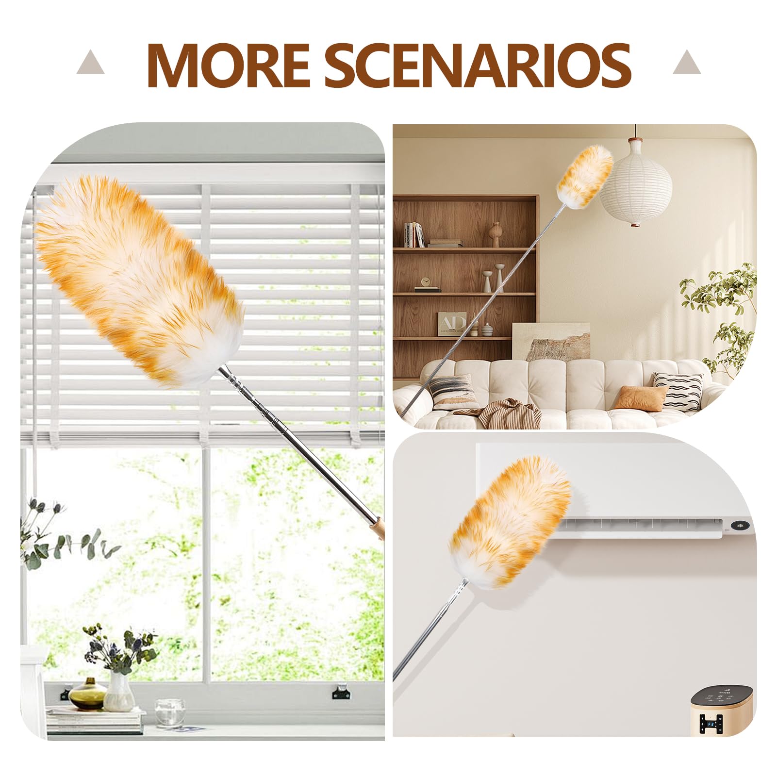 Lambswool Duster for Cleaning with Solid Wooden Handle Leather Hang Strap 87.8" Removable Retractable Feather Duster for Cleaning Ceiling Fans Window Blinds Interior Roof Furniture