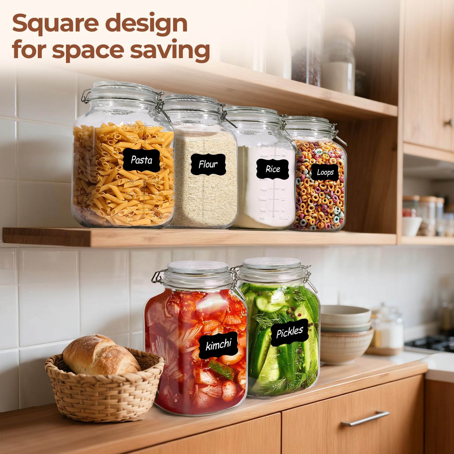 Large Square Glass Jars with Airtight Lid 1 Gallon 2 Pack Wide Mouth (2 Count)