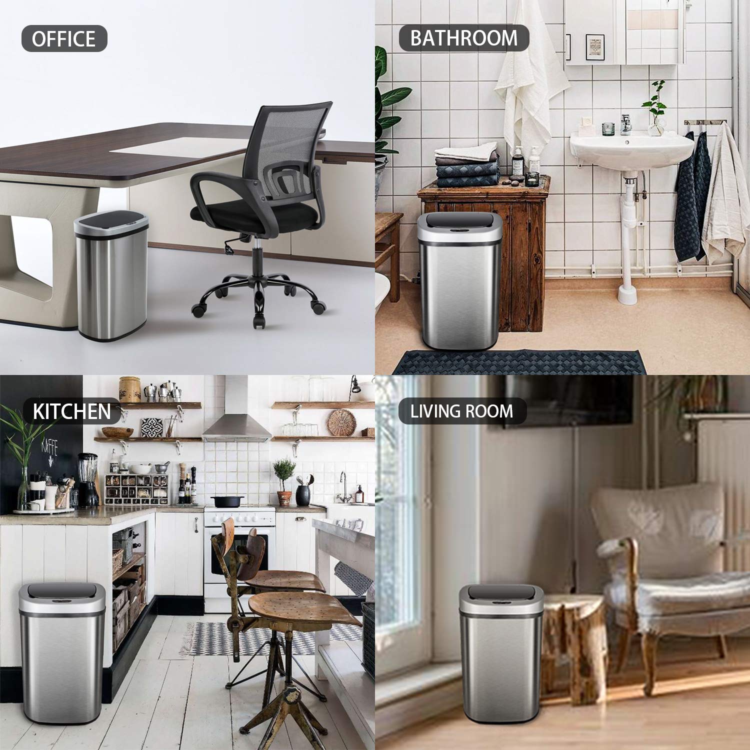 Trash Can Automatic Waste Bin Mute Metal Garbage Can with Lid Stainless Steel 13 Gallon 50 Liter for Kitchen