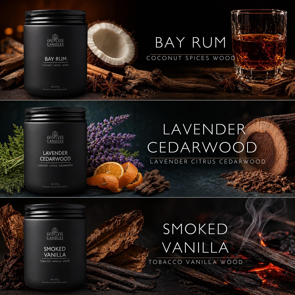 Mens Candle 3 x 8oz Pack Smoked Vanilla Bay Rum and Lavender Cedarwood Scents (3 Count)