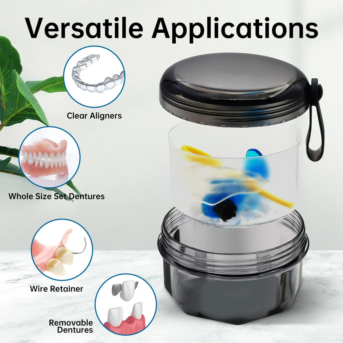 Leak Proof Denture Cups for Soaking Dentures with Strainer Basket and Brush