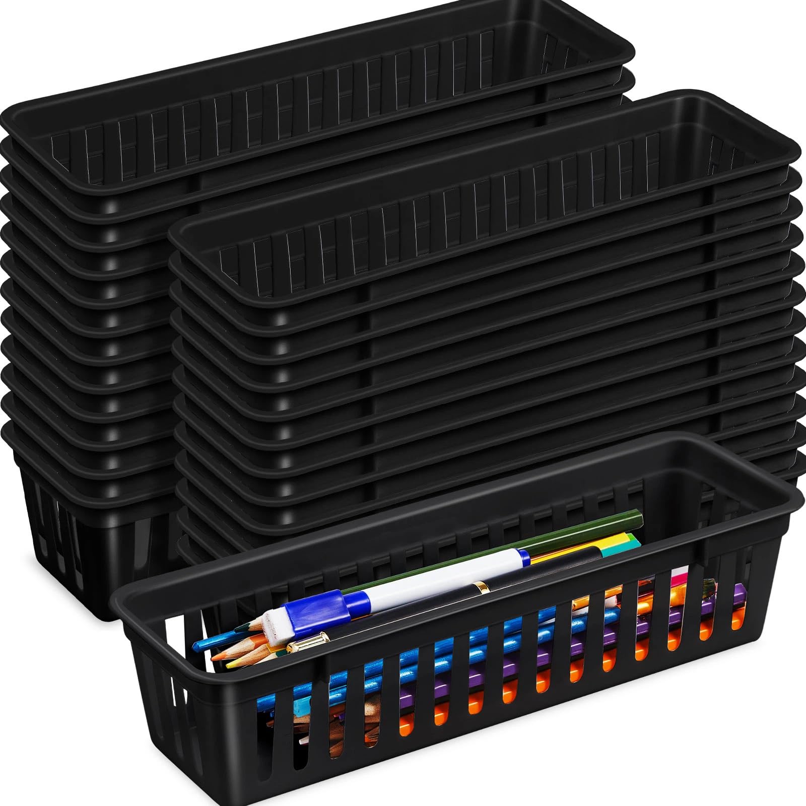 24 Pack Slim Plastic Storage Baskets Tray for Organizing 10.25x3.25x2.5 Inch Small Narrow Storage Bins Stackable Drawer Pencil Trays Holder for Desk Garage Cabinet Container (24 Count)