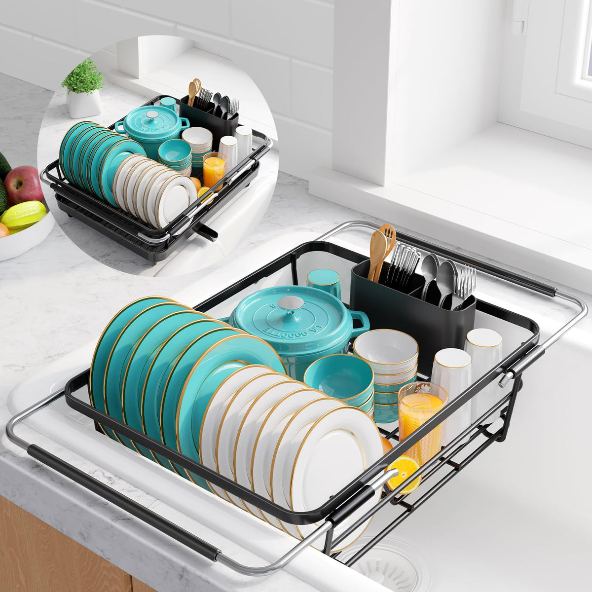 Extendable Dish Drying Rack Over Sink with Dish Drainer