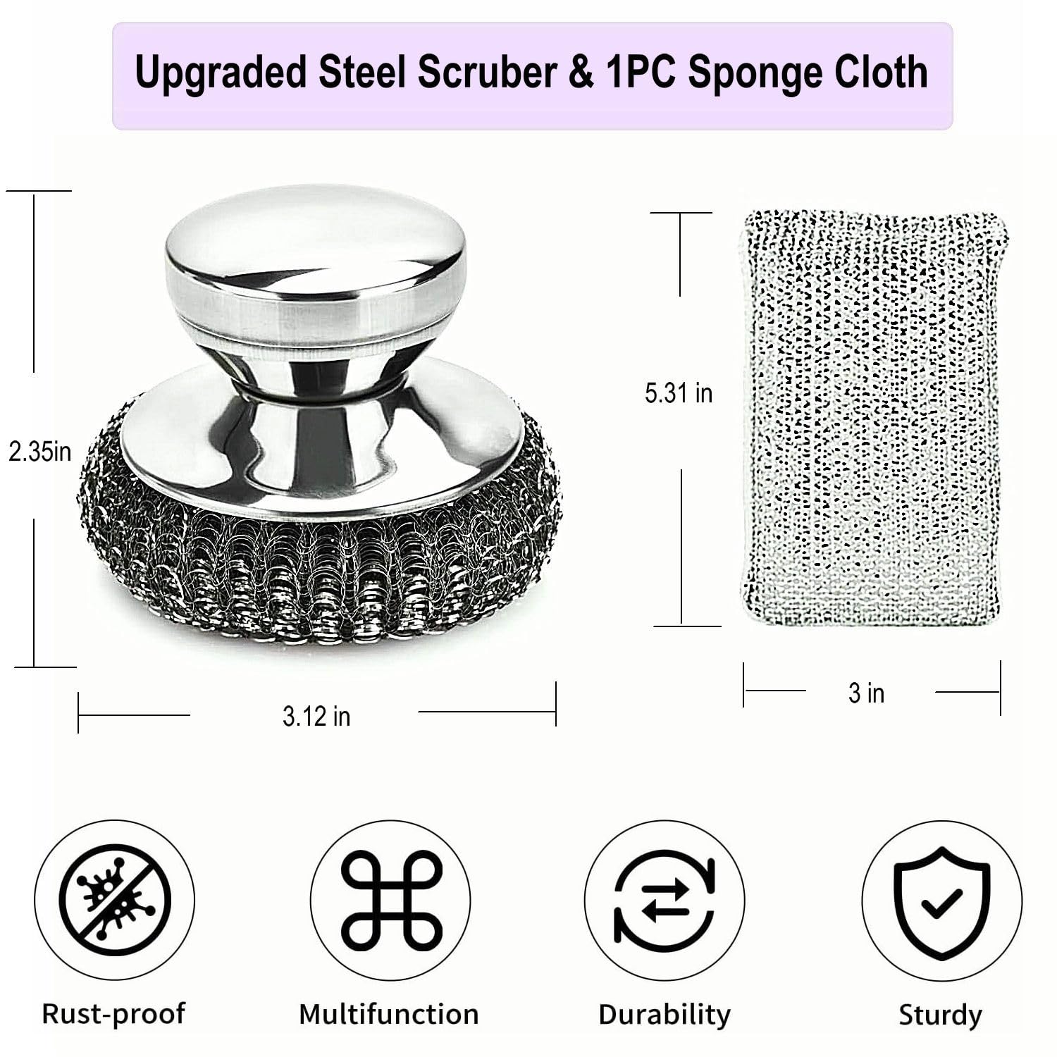 Stainless Steel Wool Scrubber with Short Handle Steel Scrubber Wool Pads for Cleaning Dishes Metal Scrubber Pot Scrubbers for Iron Pots (4.8 Ounce)