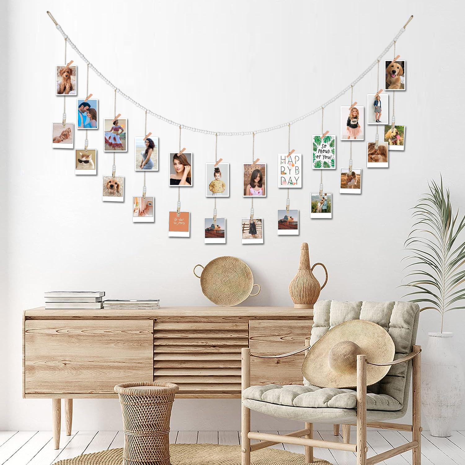 6 Feet Wooden Beads Garland with Clothespins Picture Cards Holder (6 Foot)