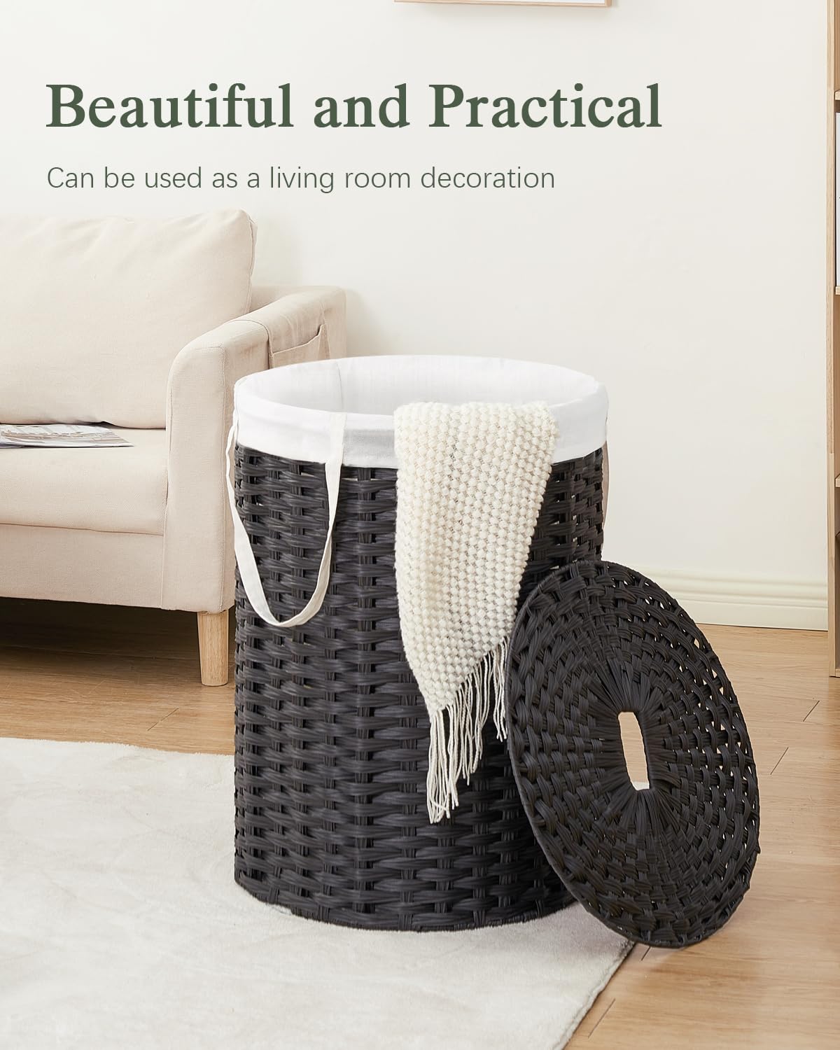 Laundry Basket with Lid Round 29.1 Gal PE Rattan
