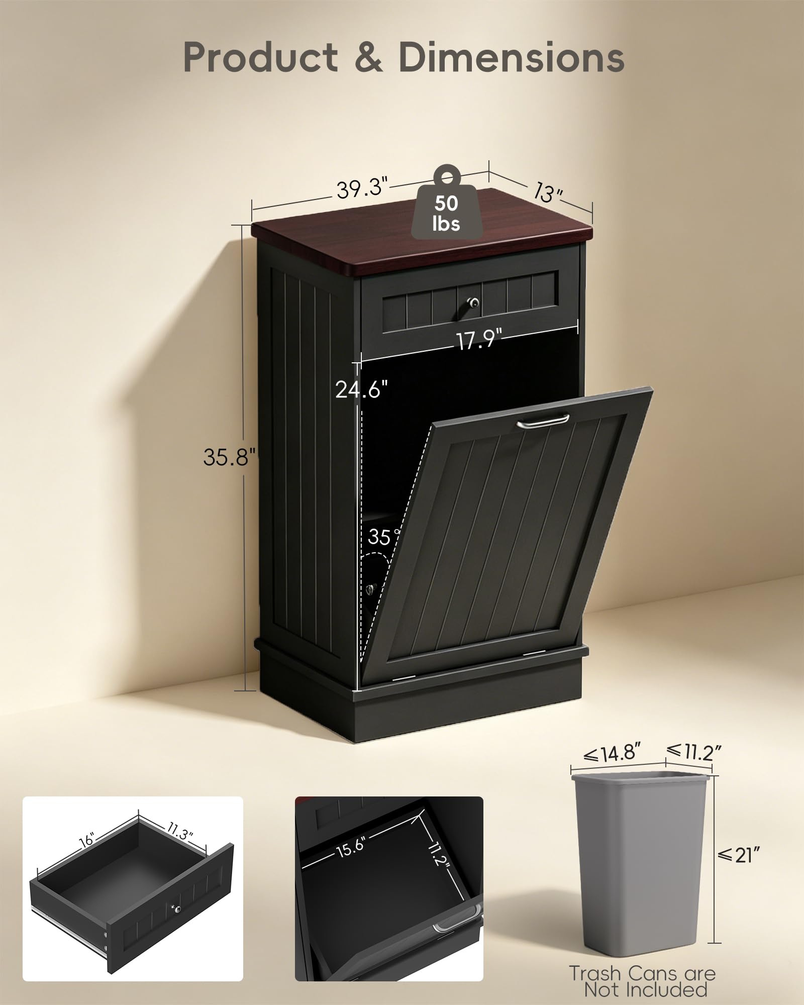 10 Gallon Tilt Out Trash Cabinet with Big Storage Drawer