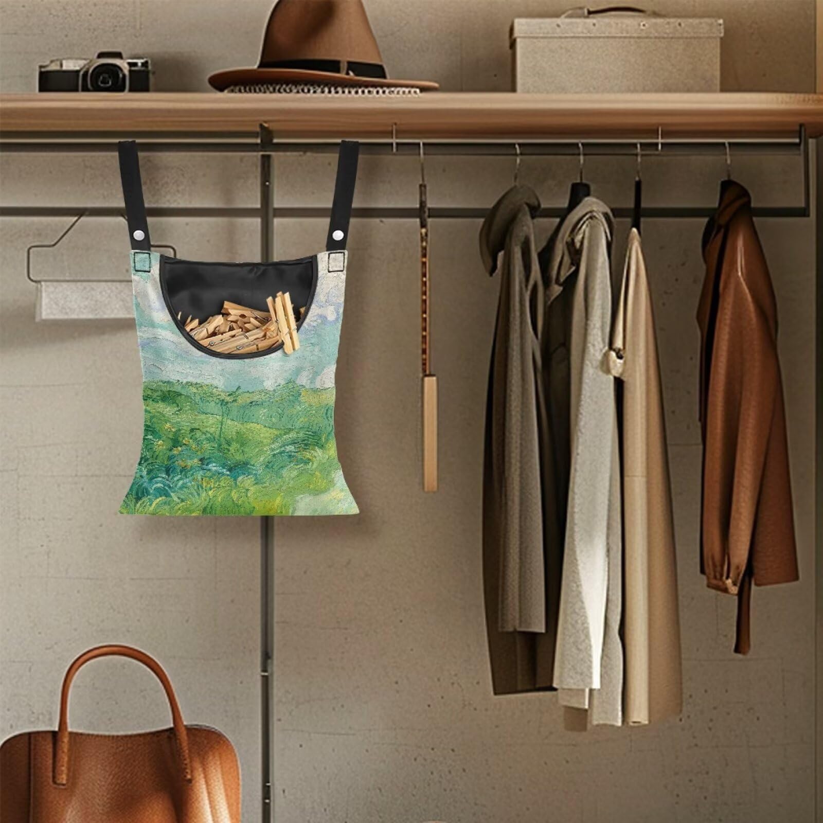 Green Wheat Field Print Windproof Clothespin Holder Bag for Outdoor Use