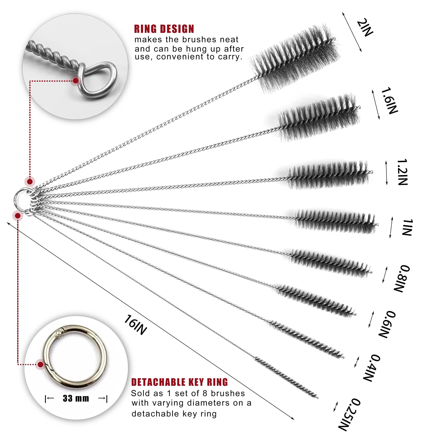 16 Inch Extra Long Pipe Cleaning Brush Set Stainless Steel Bristles