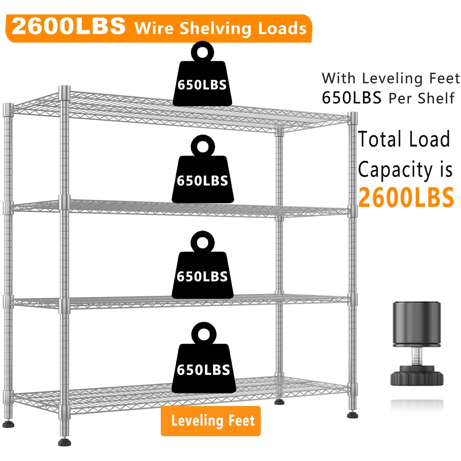 Storage Shelves 60"W Wire Shelving with Wheels 2600LBS Heavy Duty Metal Shelves for Storage