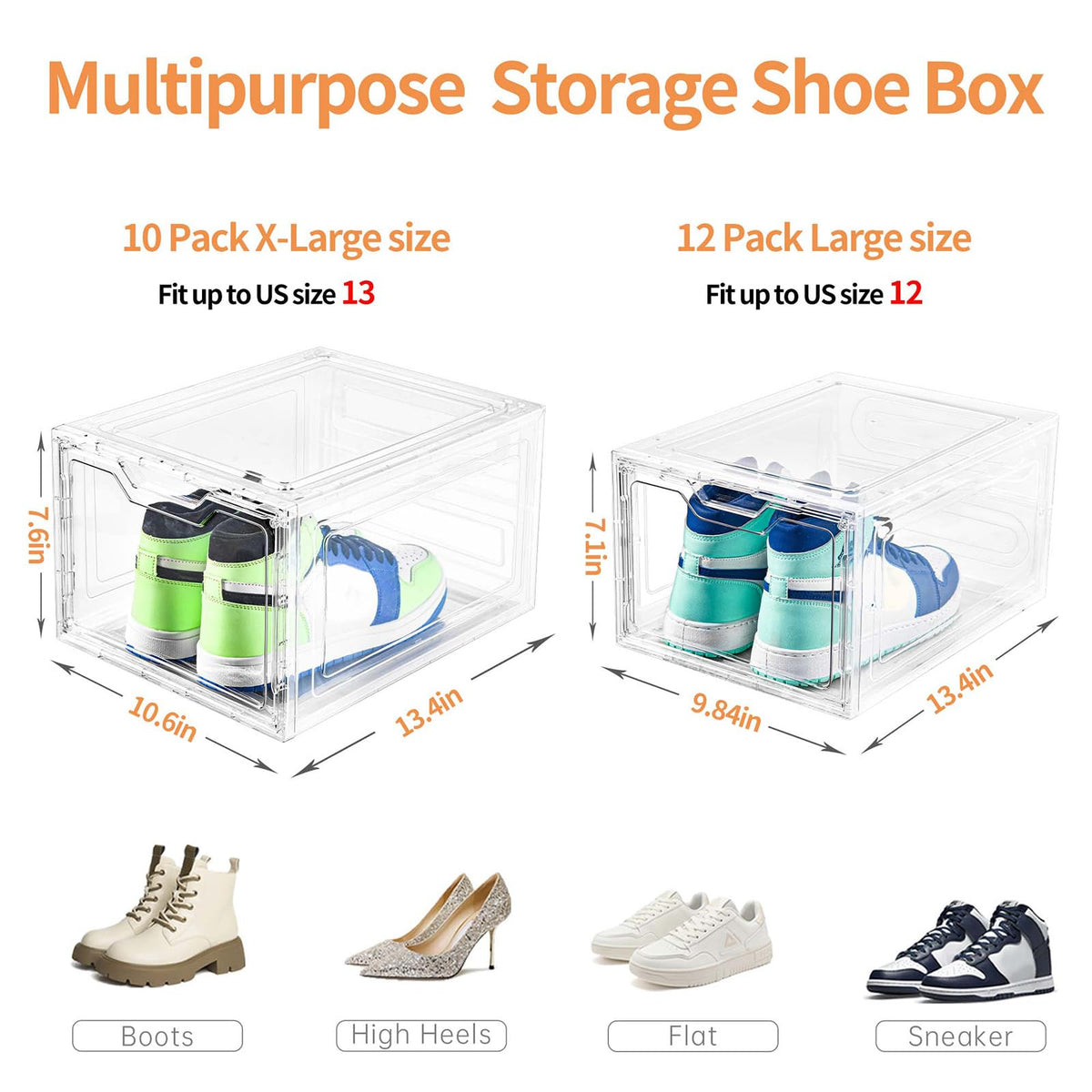 10 Pack Large Shoe Boxes Clear Plastic Stackable (10 Count)