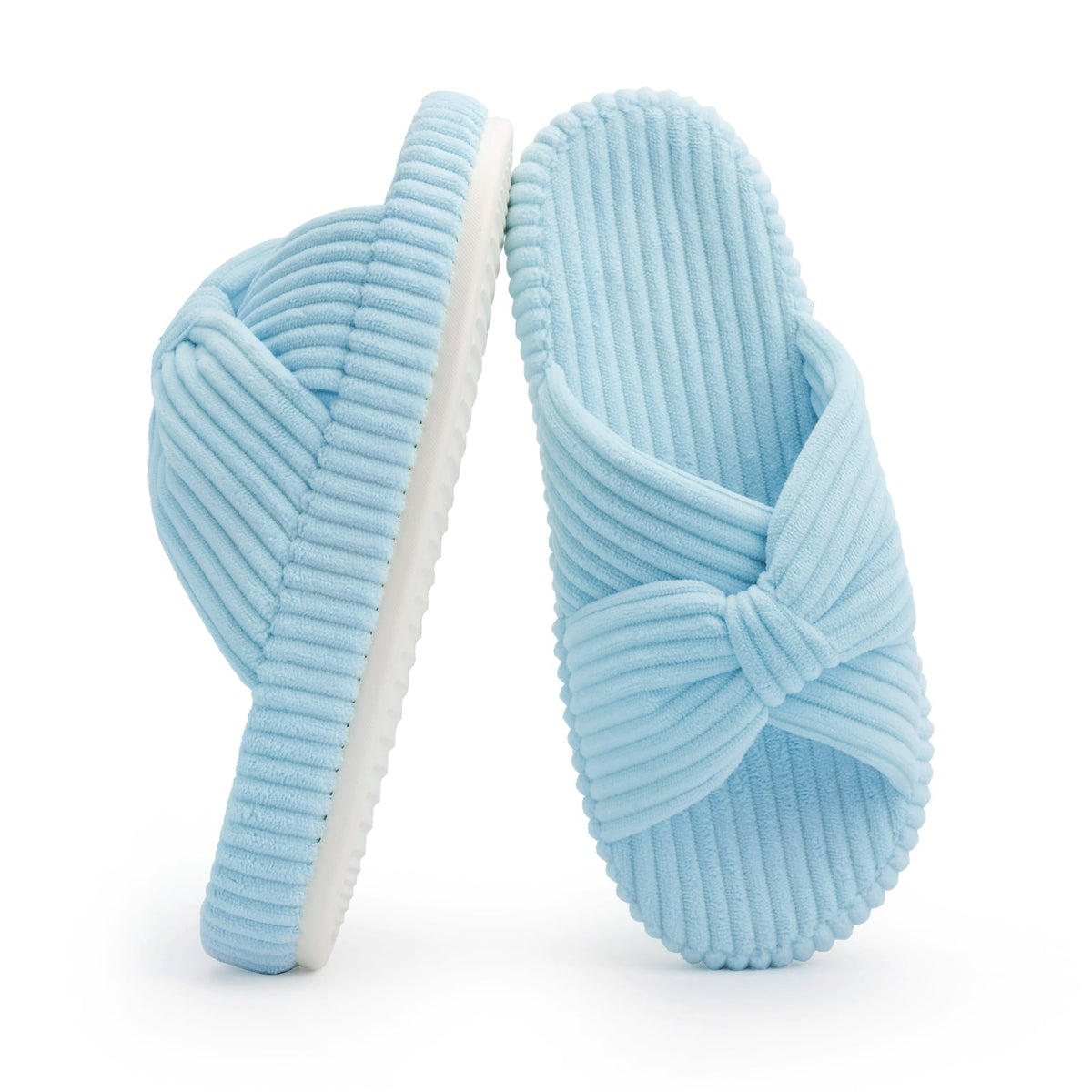 Slippers for Women Memory Foam House Bedroom Corduroy Bow Crossbands Slipper Shoes Comfy Trendy Gift Slippers Light Blue Size 9 10 8.5
