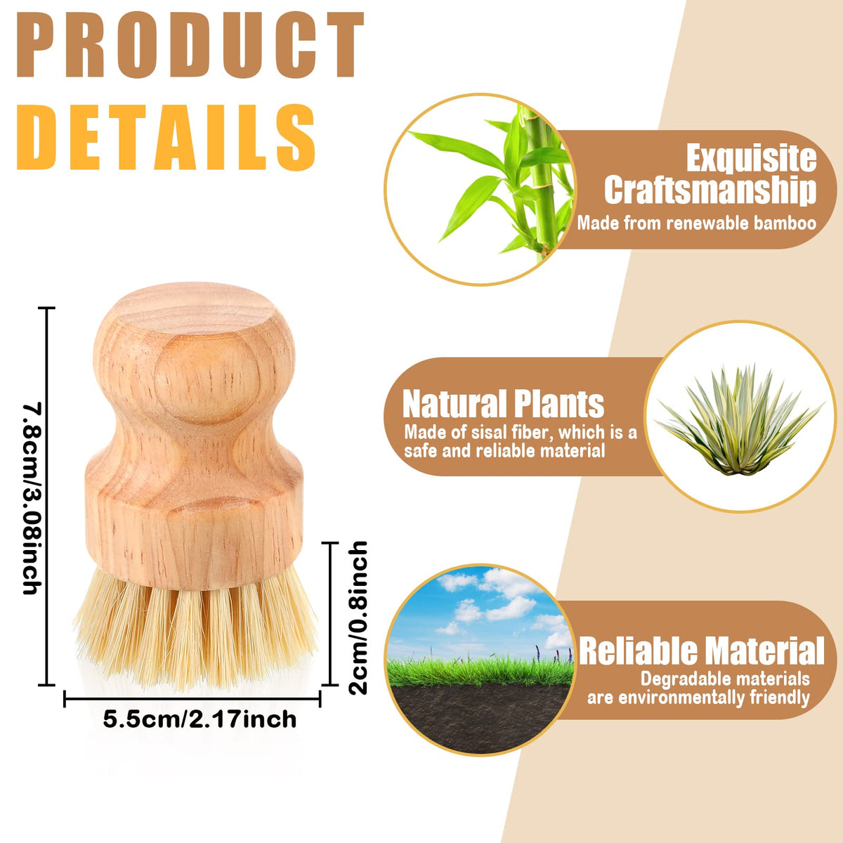 50 Packs Bamboo Dish Scrub Brushes Wooden Scrubbers Set Kitchen Dishwashing Scrubber with Natural Sisal Bristles for Iron Pot Pan Sink (50 Count)