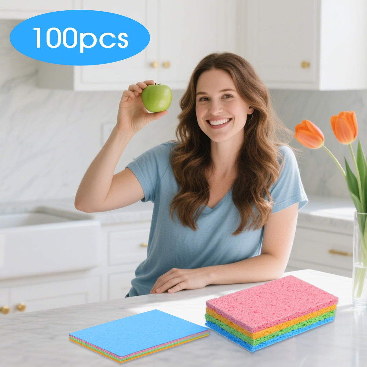 100pcs Kitchen Sponges Bulk Natural Sponges for Dishes Reusable Dish Sponge Scrub Compressed Wood Pulp Sponge Non (100 Count)