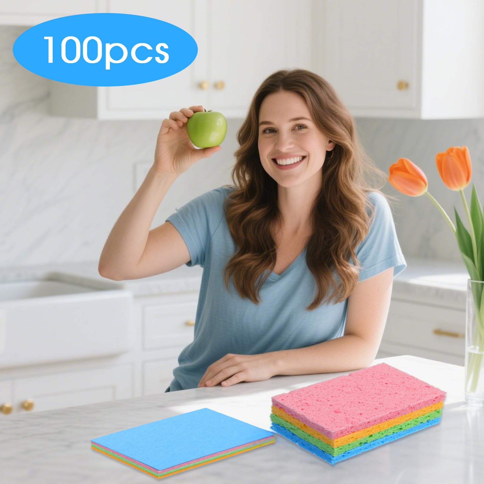 100pcs Kitchen Sponges Bulk Natural Sponges for Dishes Reusable Dish Sponge Scrub Compressed Wood Pulp Sponge Non (100 Count)