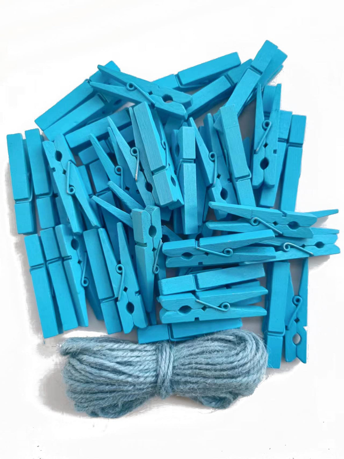 1.9" Wooden Clothespins Hanging Clothes Pins Clip Photo Holder DIY Gift Festive Party Decor with Bright Blue Jute Twine Pack 50 (50 Count)