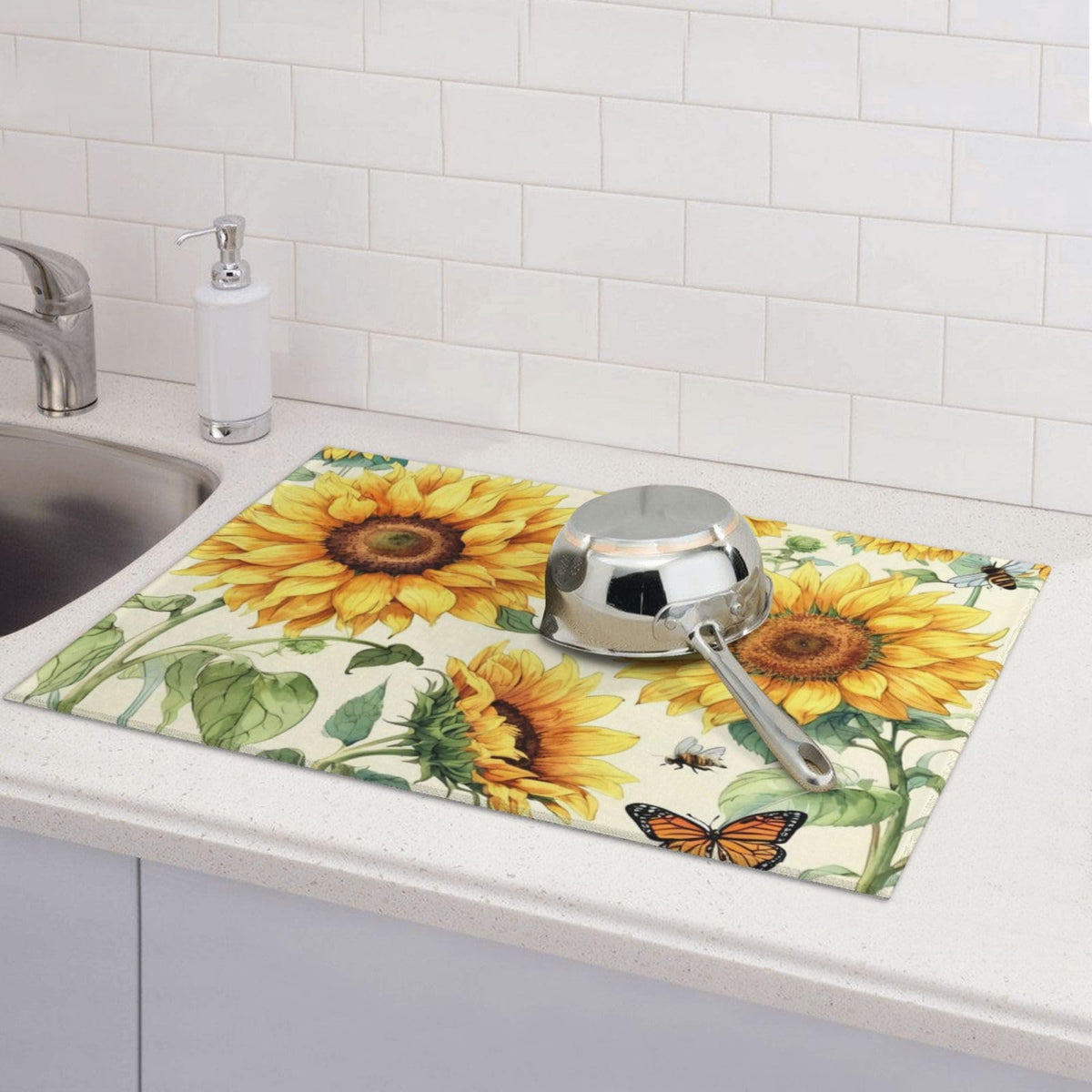 Sunflower Dish Drying Mat Highly Absorbent Double