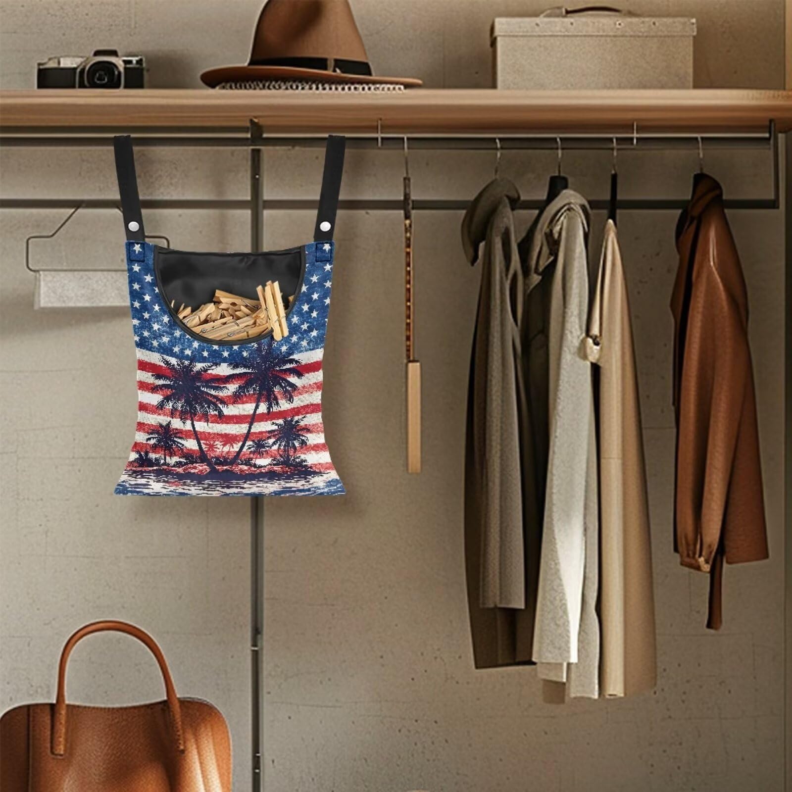 American Flag Clothes Pin Bag to Hang On Line Palm Tree Reusable Clothespin Holder Laundry Room Clothespin Holder with Large Opening Space