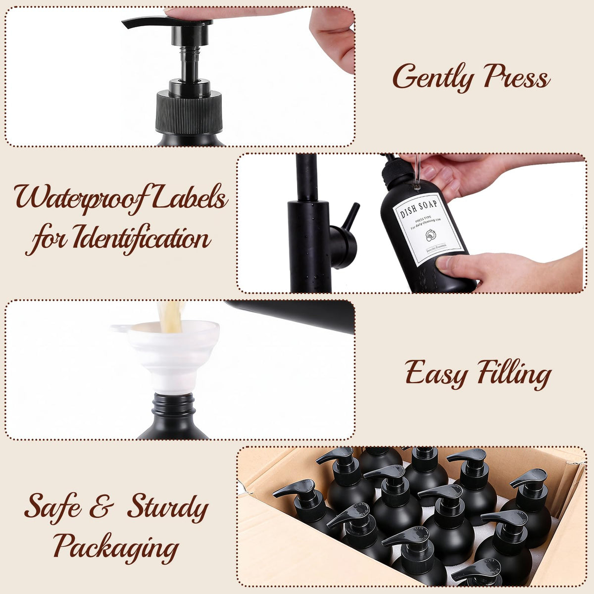 12 Pack 8oz Black Glass Soap Dispensers with Pump (12 Count)