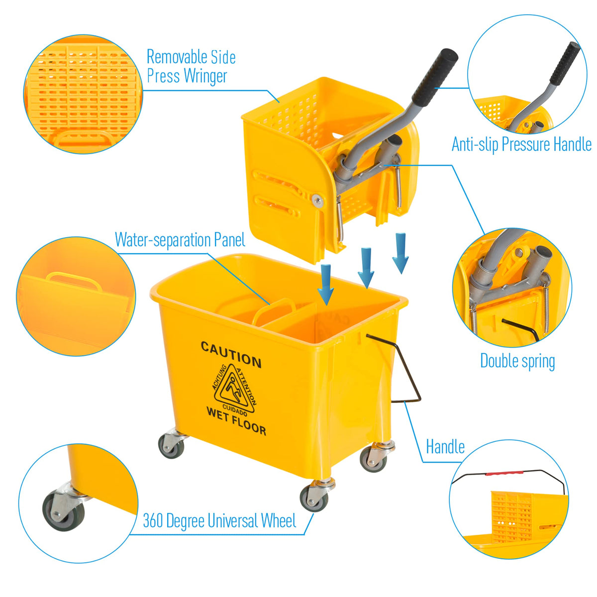 Compact Mop Bucket with Wringer on Wheels for Floor Cleaning