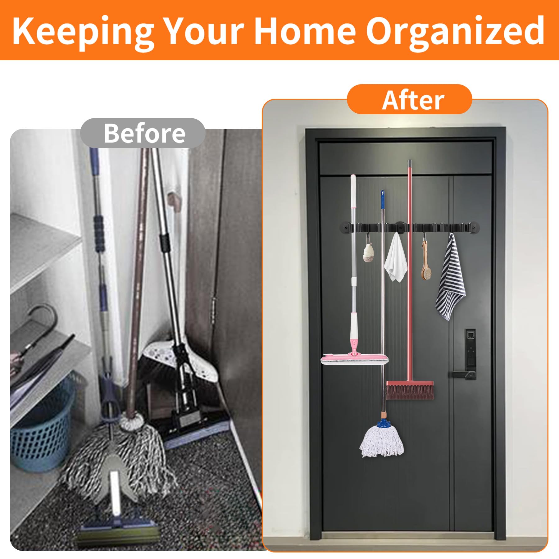 Magnetic Broom Holder Wall Mount with 4 Hooks and 5 Rack