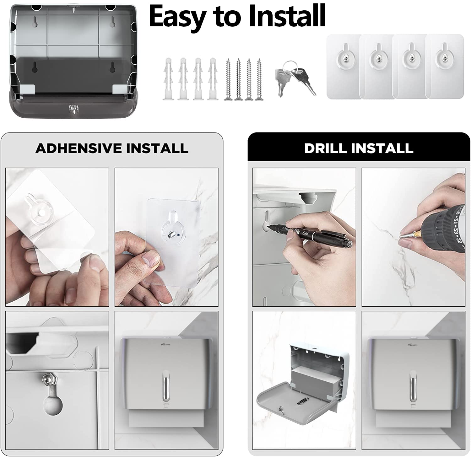 Paper Towel Dispenser Wall Mount Commercial & Home Use ABS Matte Silver Gray with Window Holds 200 C