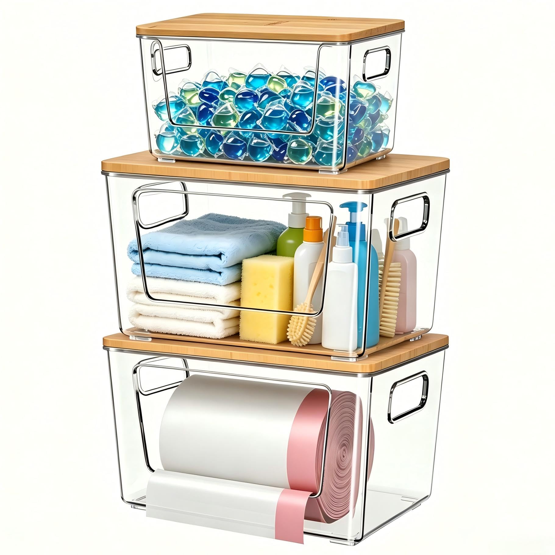 3 Pack Trash Bag Holder with Bamboo Lid Stackable Trashbag Dispenser