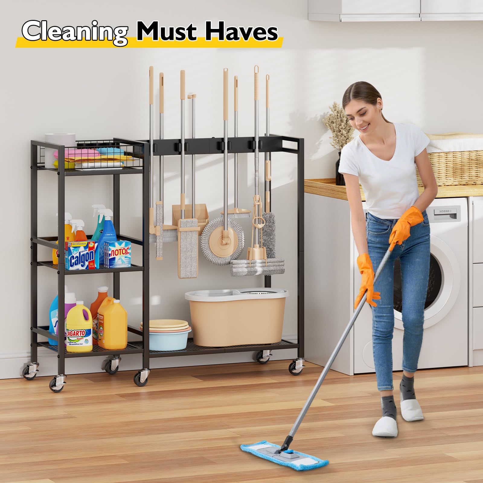 Broom Holder with Cleaning Supplies Organizer