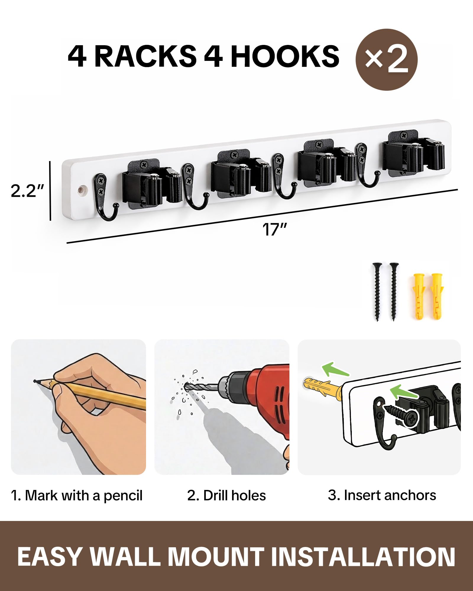 2 Pack Broom Holder Wall Mount (2 Count)