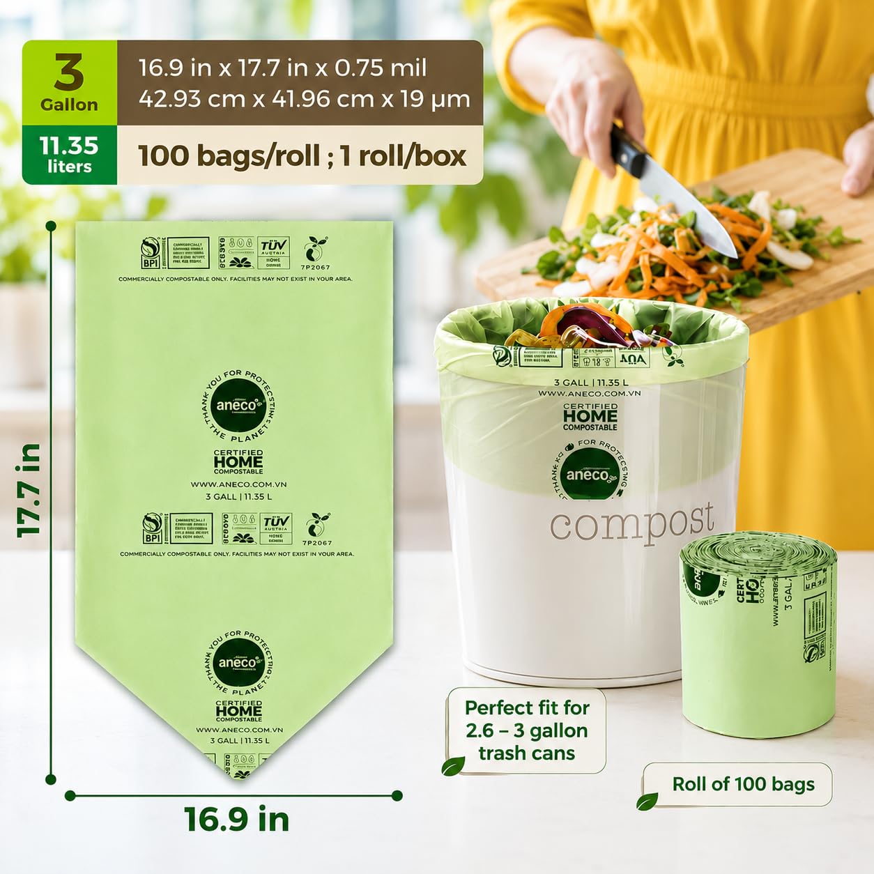 100% Compostable Food Waste Bags 3 Gallon (99.99 Count)